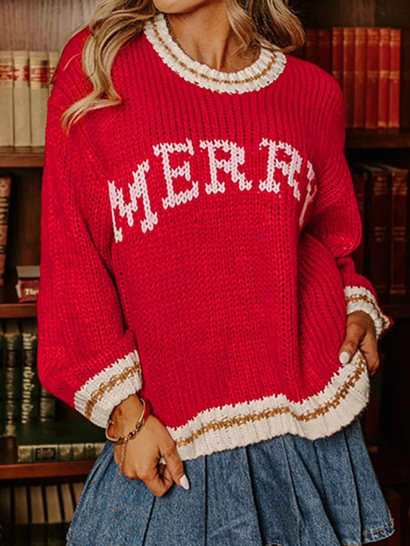 MERRY Contrast Edge Drop Shoulder Christmas Sweater Deep Red f72be043284d4a449552ef2ad9967147-Max-Origin