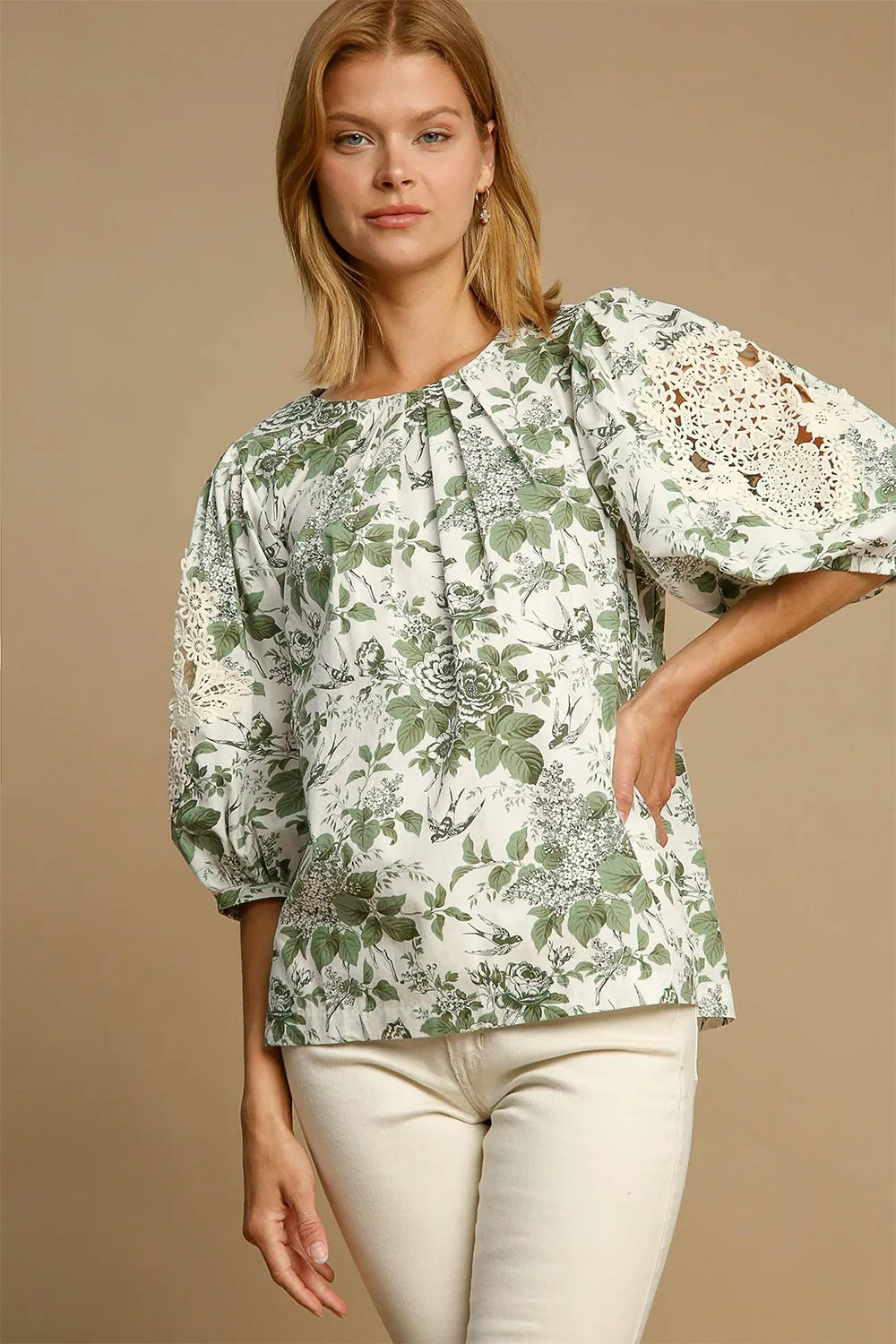 Umgee Floral Pleated Detail Lace Trim Sleeve Blouse Sage f75dba29-6ba7-4cd0-b6b3-91e49afa903c-Max