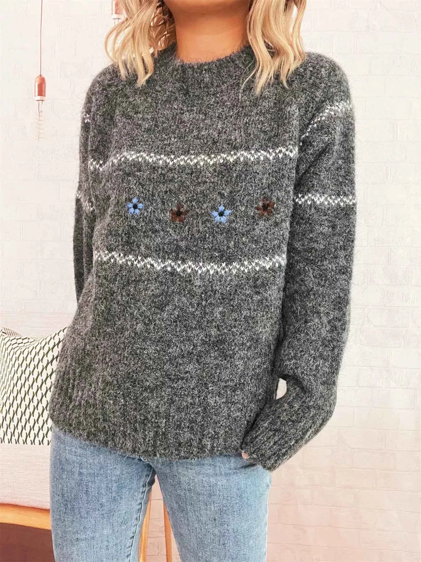 Ribbed Hem Flower Long Sleeve Sweater f77235b131f4492b87f8bdb53eb2441f-Max-Origin