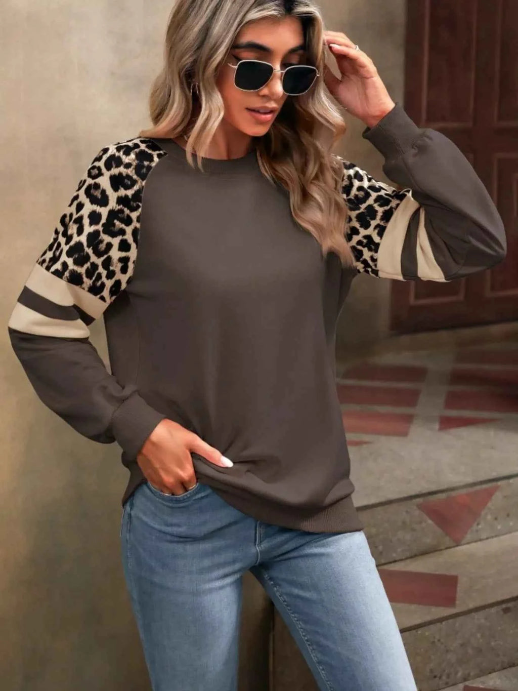 Leopard Round Neck Raglan Sleeve Sweatshirt f77339663ce54064ac1314569ada46a5-Max-Origin
