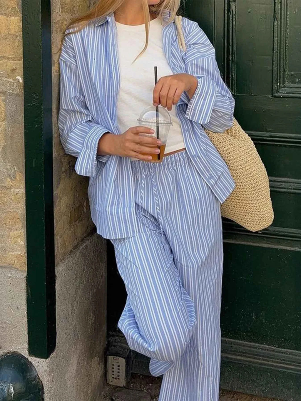 Striped Button Up Shirt and Pants Set Blue f79c22991bf34ade97a0f3c7577ce535-Max-Origin