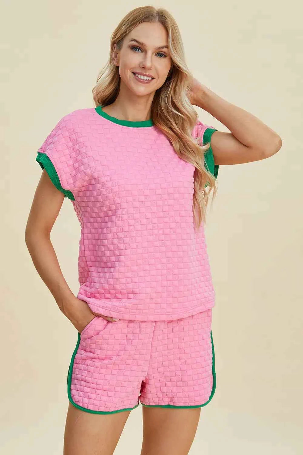 Double Take Full Size Texture Contrast T-Shirt and Shorts Set f7a54ae8-f85f-4c0f-b5cc-b4cea3373ecf-Max