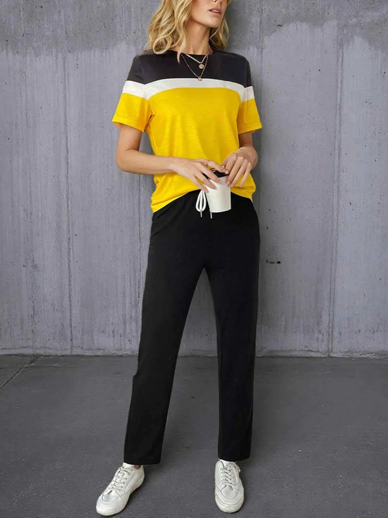 Casual Color Block Top and Pants Set Yellow f7af29f5f5d24ac4b3304575b6aca86f-Max-Origin