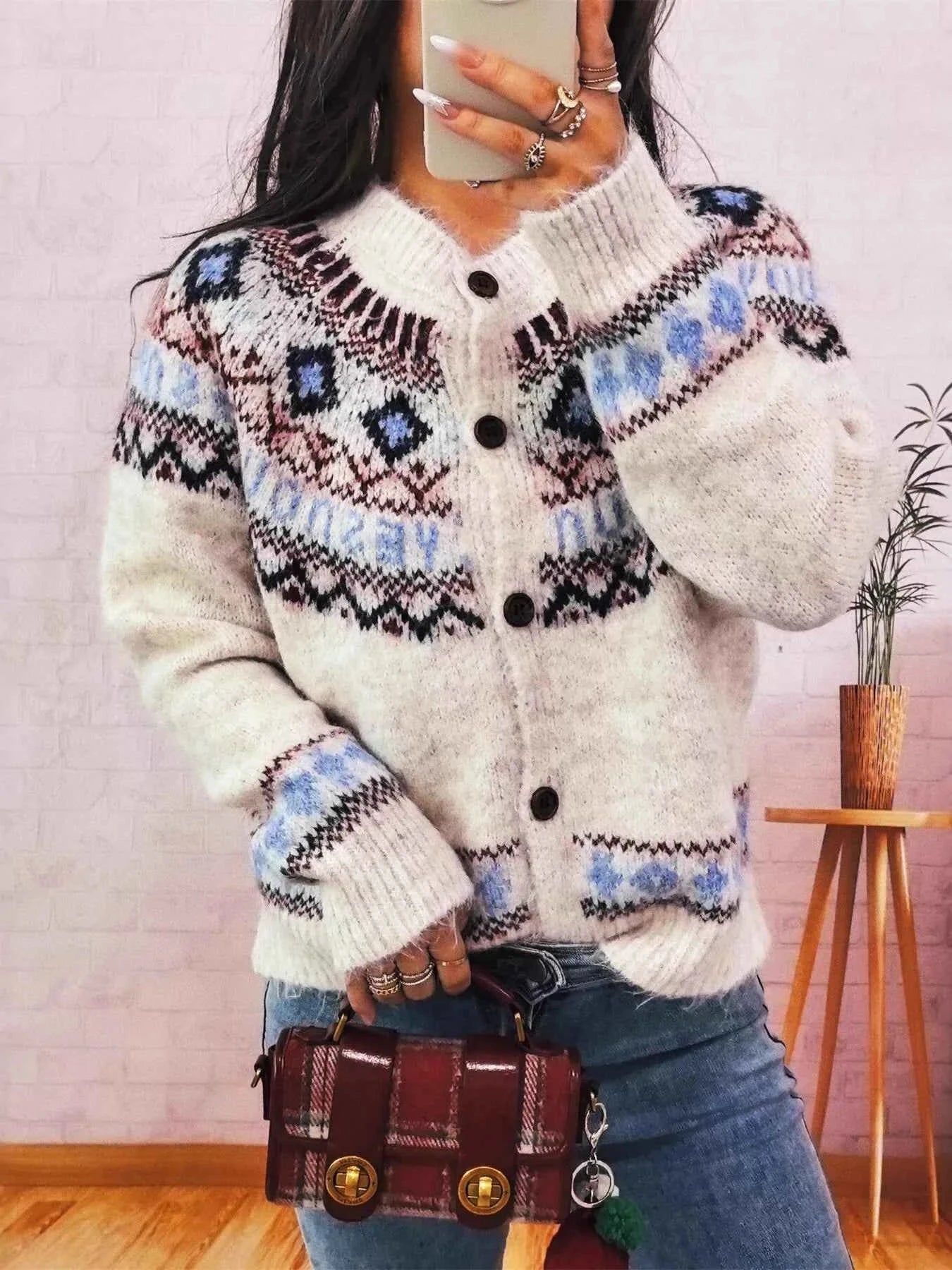 Geometric Pattern Button Up Long Sleeve Cardigan Apricot One Size f7c7fcf37c27402db60d0cf50fa89889-Max-Origin