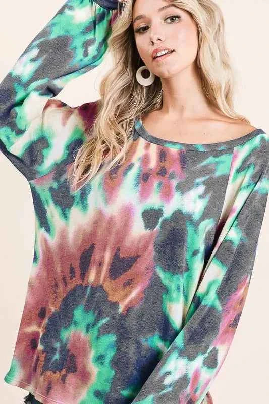 BiBi Tie Dye Print Terry Top with Puff Sleeves MOCHA CHARCOAL f7d324fbf5e14ffca7e43377b9fa8d18-Max-Origin