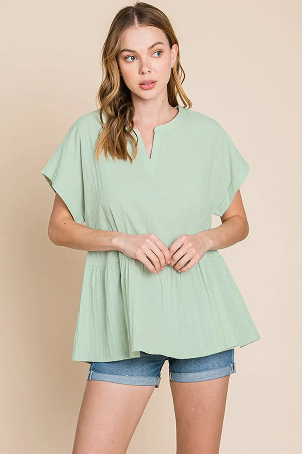 Cotton Bleu by Nu Lab Ruched Notched Short Sleeve Blouse f7eeb9c9-4941-46c3-afe7-ef785b5943ac-Max