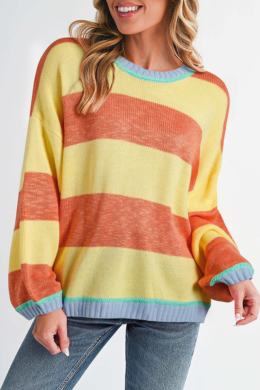 Yellow Stripe Contrasting Trim Round Neck Oversized Sweater Yellow Stripe 100%Acrylic f80bfd22e24534d4