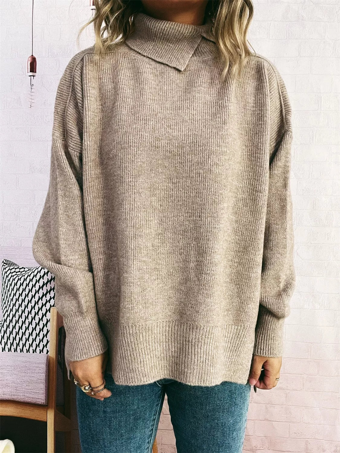 Slit Turtleneck Long Sleeve Sweater Khaki One Size f811809b-67d2-41a8-88b1-8405a3ef0389-Max-Origin