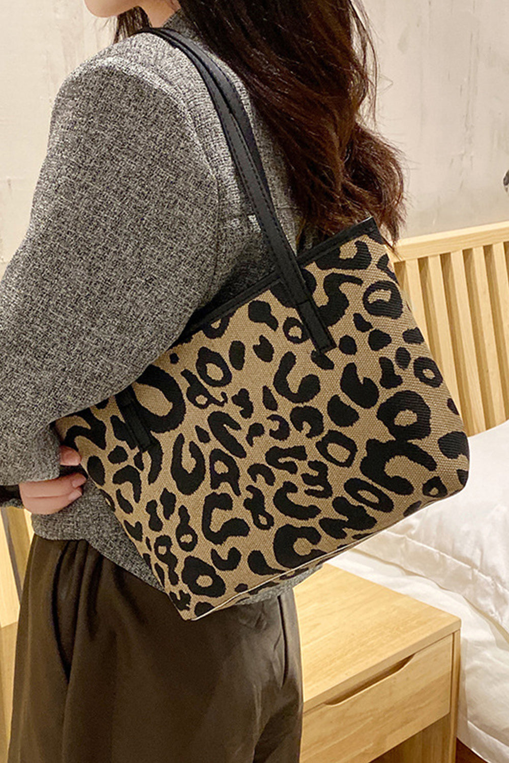 Camel Leopard Print PU Leather Tote Bag f812573438e84ac7
