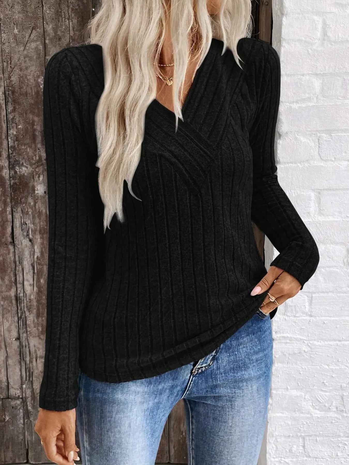 Ribbed V-Neck Long Sleeve Knit T-Shirt