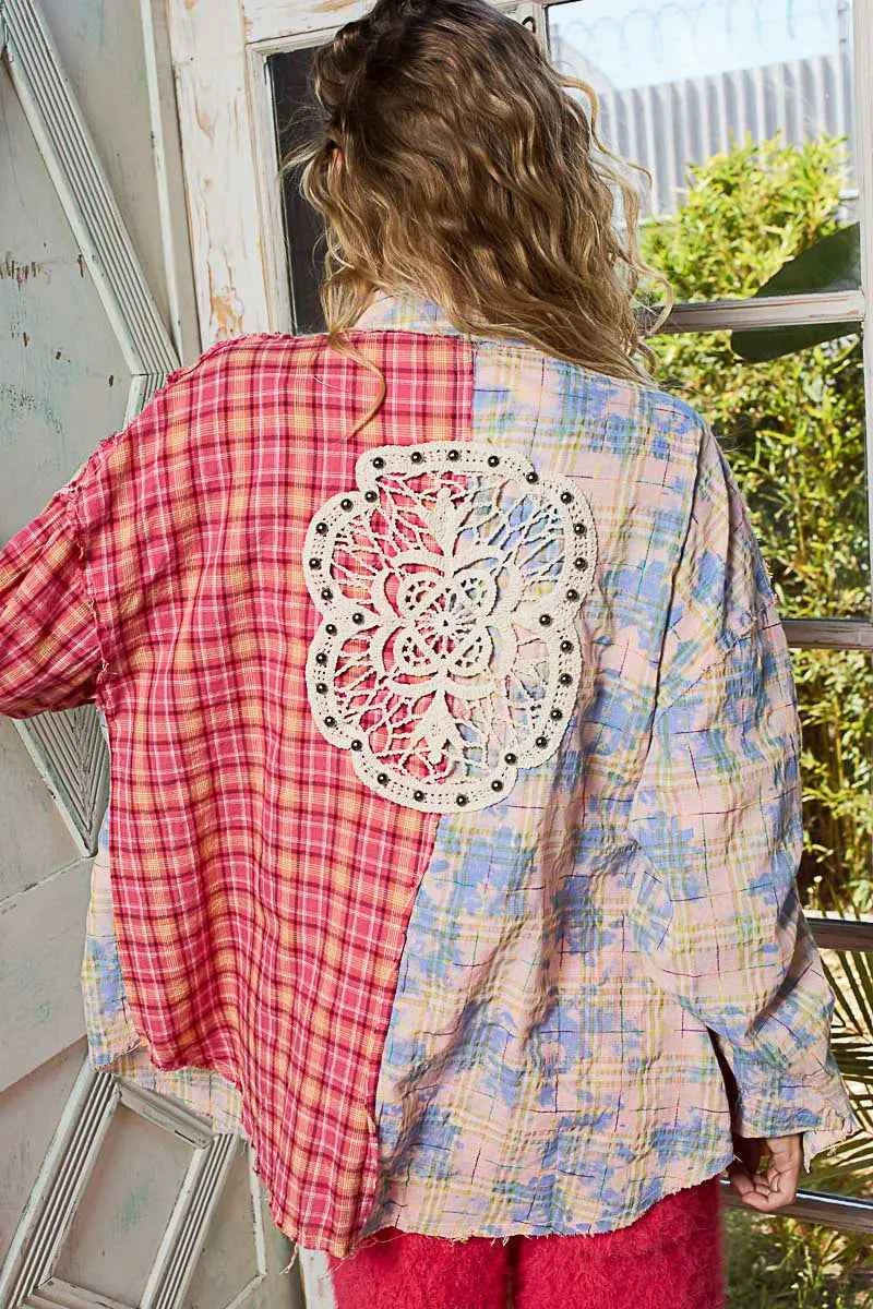 POL Patchwork Plaid Button-Up Shirt with Contrast Pockets f82f520a-71fe-4825-841d-107296f90382-Max-Origin