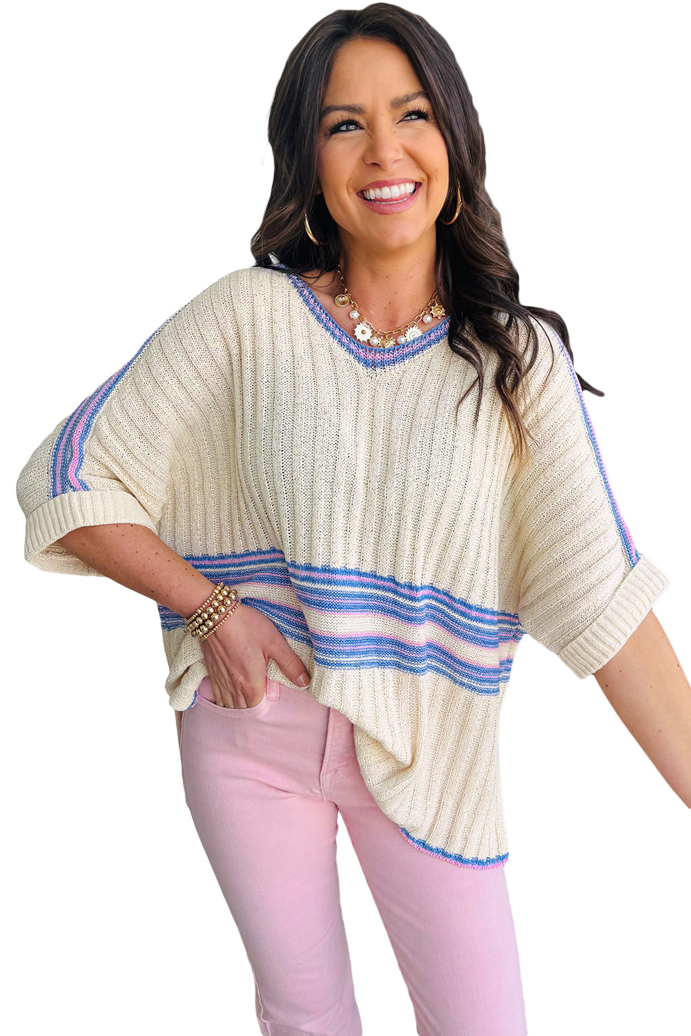 White Striped V Neck Dolman Sleeve Knit Sweater f84be5773842b41e