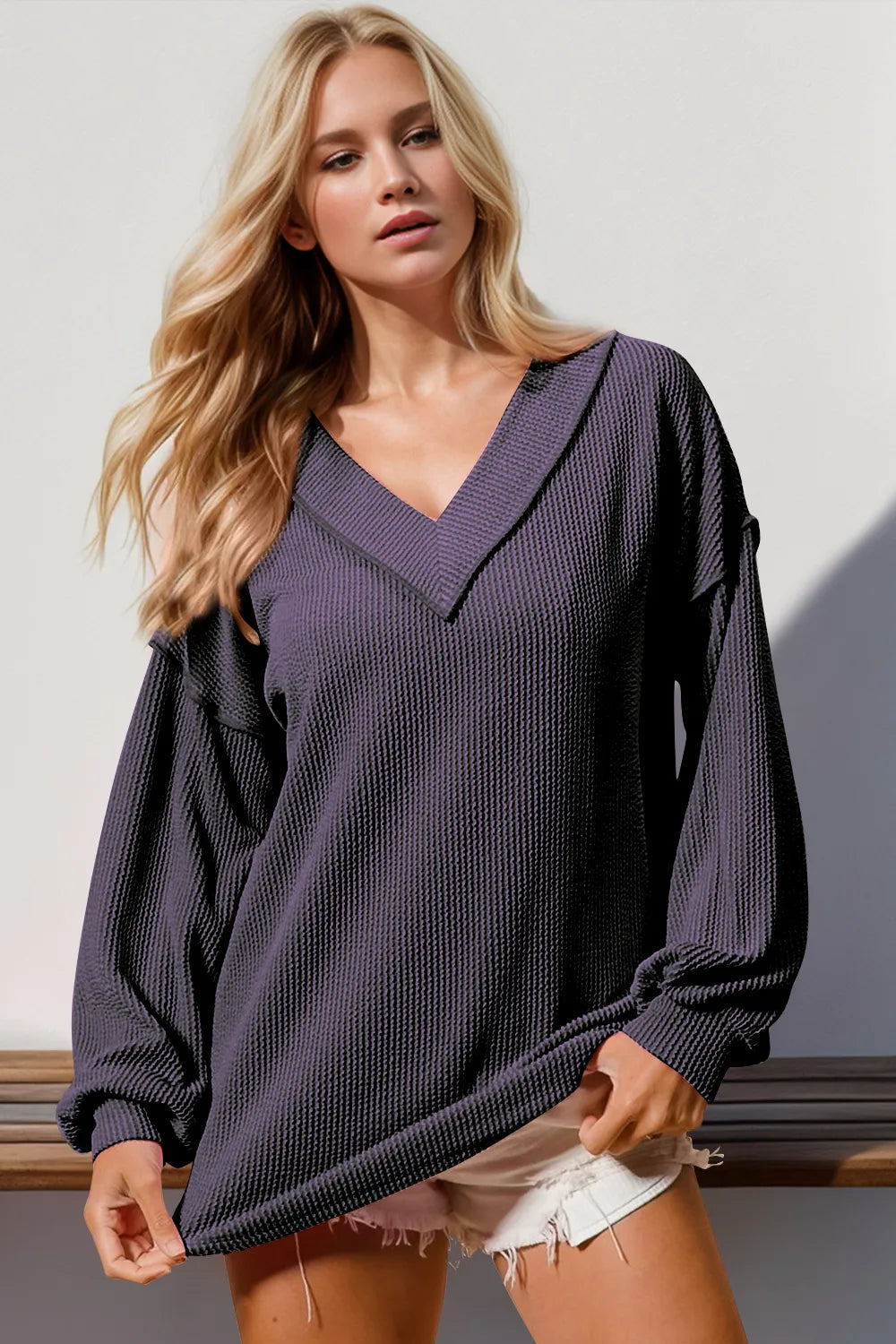 Double Take Exposed Seam Ribbed Textured V-Neck Long Sleeve T-Shirt Purple f85700ff-dbf1-487c-9e70-42cb5d6fec14-Max