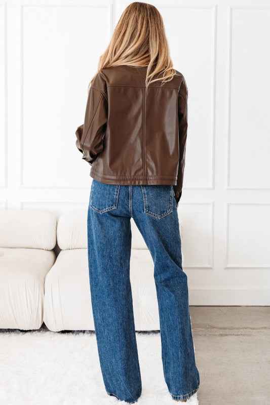 Leather Drawstring Hem Pocketed Jacket f8573fac-f4bf-4d67-a86f-e83936421ad7