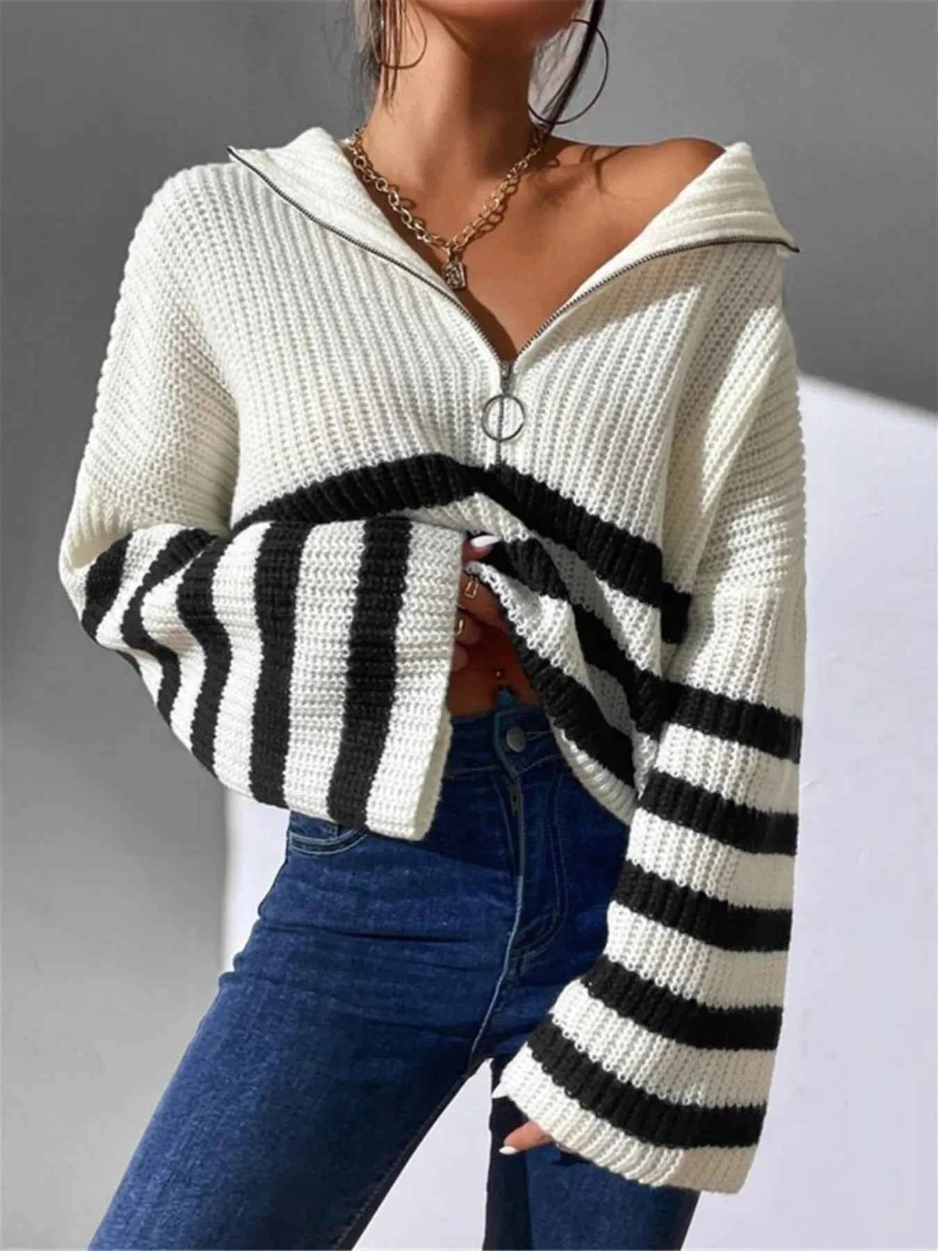 Striped Half Zip Cropped Sweater f8656646e4554485b2d2e02c40136909-Max-Origin
