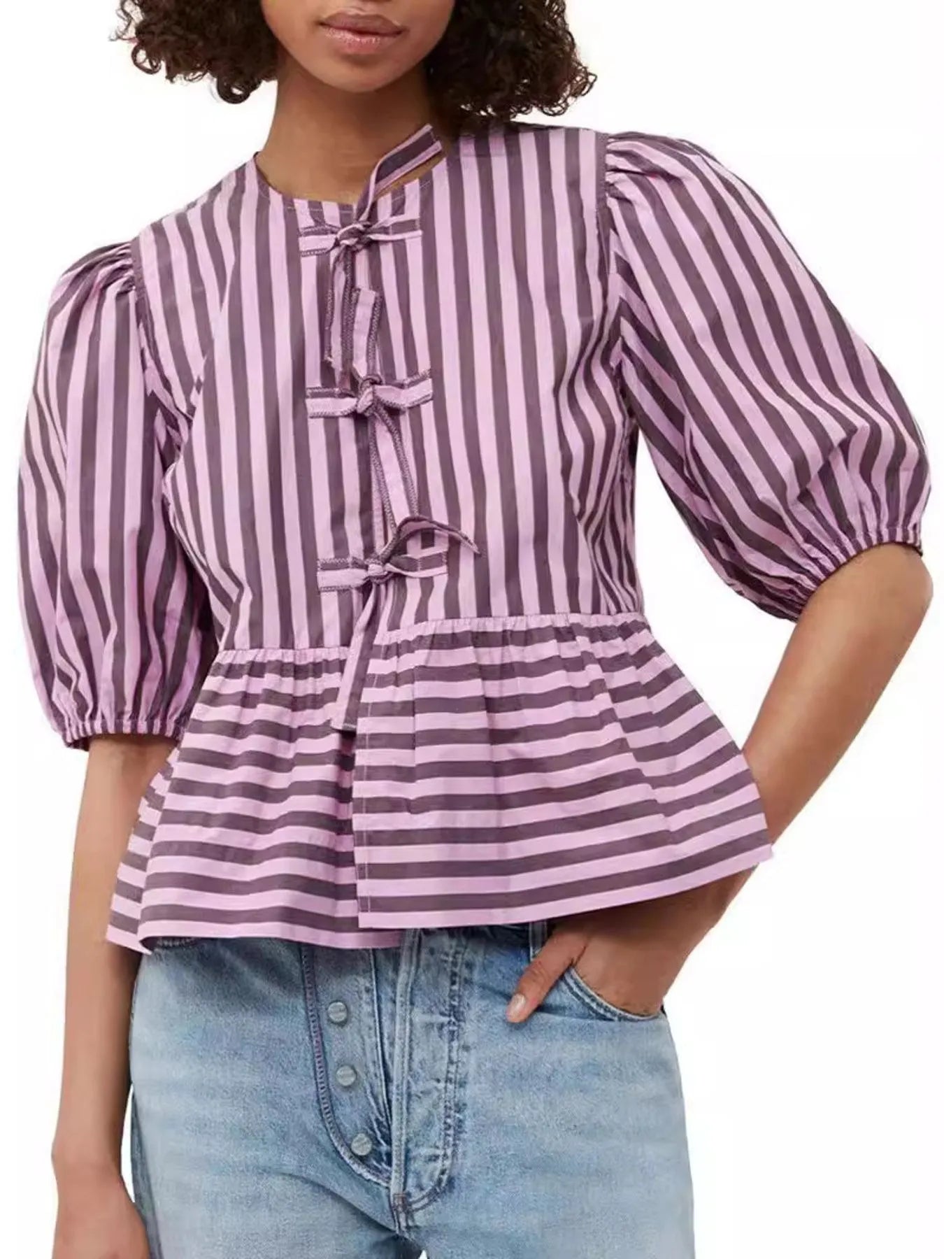 Puff Sleeve Bow Tie Blouse Purple f868201d-9714-4641-bf43-5287a94c89a6-Max-Origin