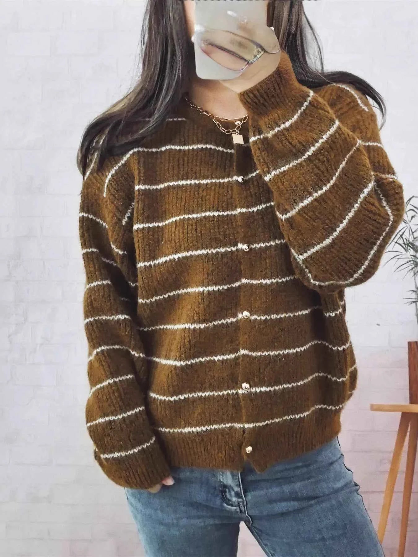 Striped Button Up Long Sleeve Cardigan Khaki One Size f8879a3d0740412581f293e6540ed6c0-Max-Origin