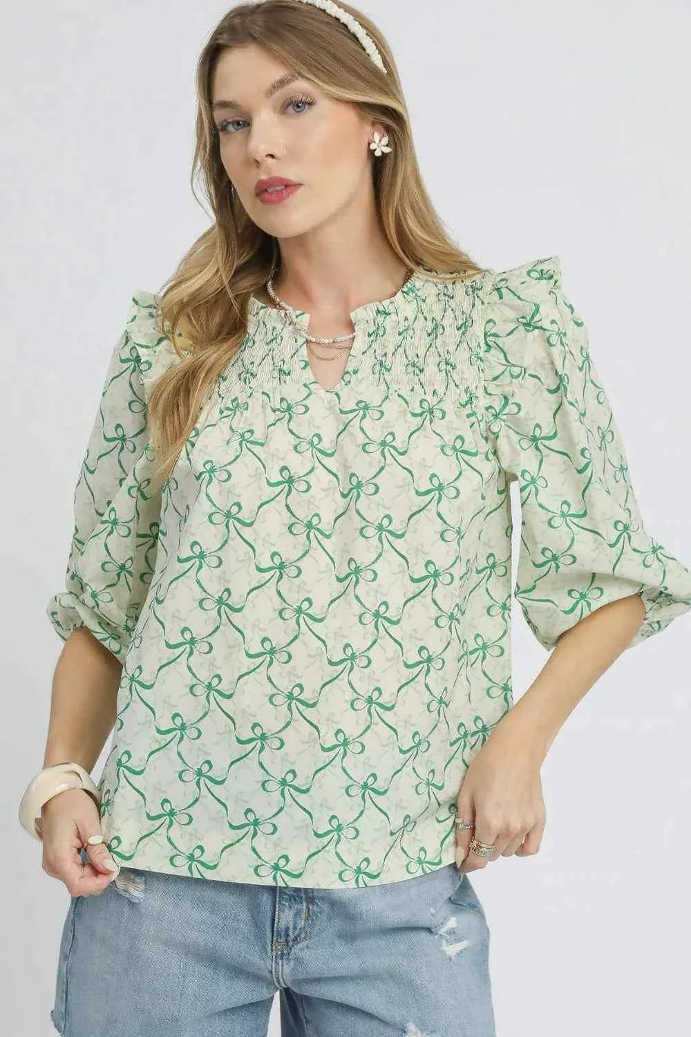 Umgee Ruffled Bow Print Notched Blouse Green f888b1e9-f38f-4316-af5d-8b1ae2daa300-Max-Origin