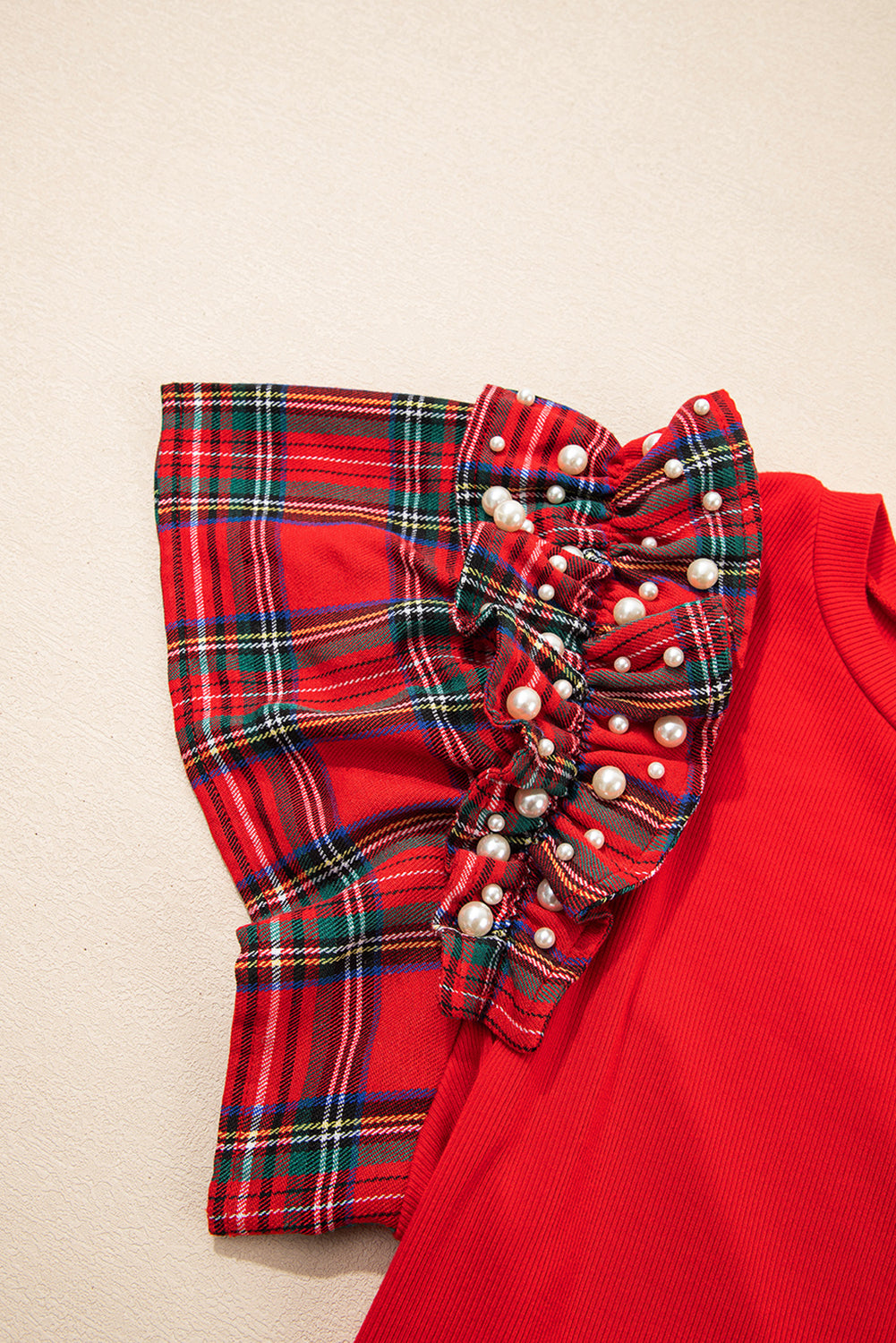 Racing Red MERRY Letter Terry Flocking Pearled Plaid Ruffled Sleeve Patchwork Tee Racing Red 93%Viscose+7%Elastane f8996dd71dd48acc