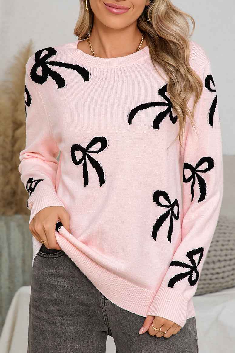 Light Pink Bow Print Long Sleeve Loose Fit Sweater Light Pink 52%Viscose+26%Polyester+22%Polyamide f8a3769df60f651b