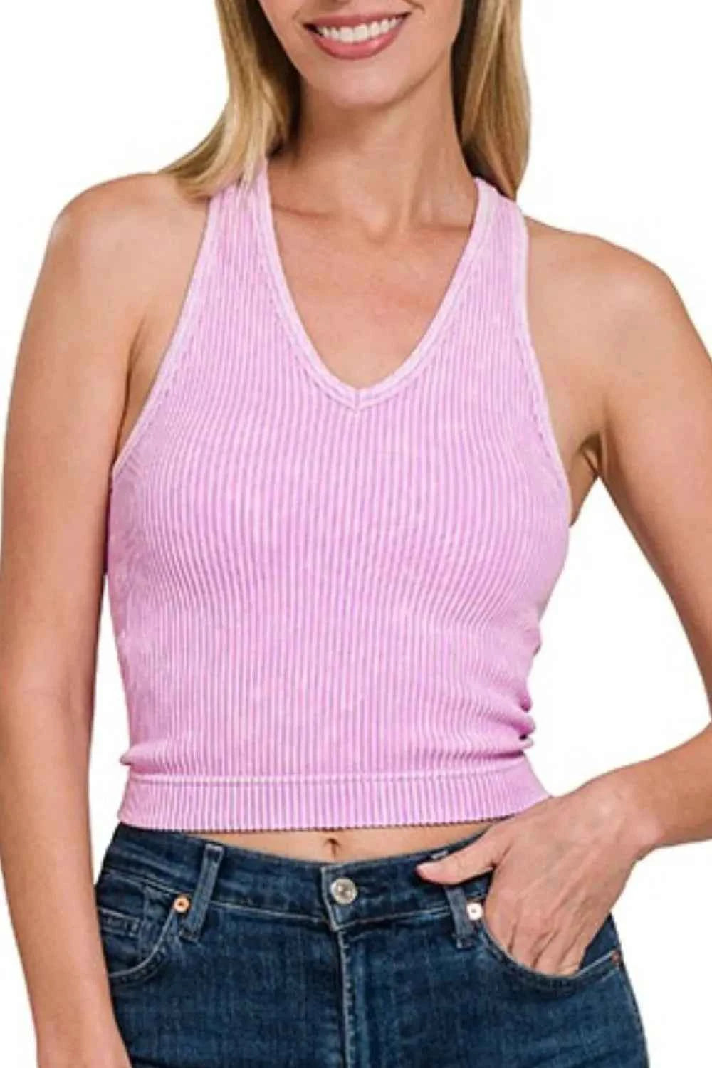 Zenana Washed Ribbed Seamless Bra Padded V-neck Tank Top f8ac9230-98a7-440b-aa5c-93c3f628a183-Max-Origin
