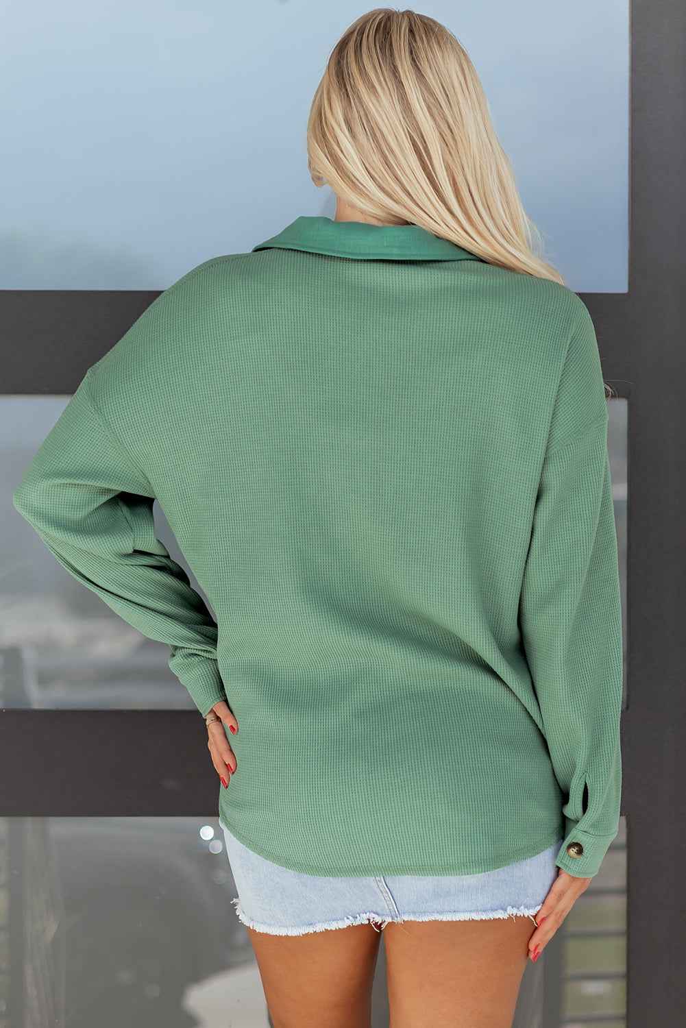 Grass Green Waffle Knit Vintage Patchwork Button Up Loose Shirt f8b5dff2efaf8130