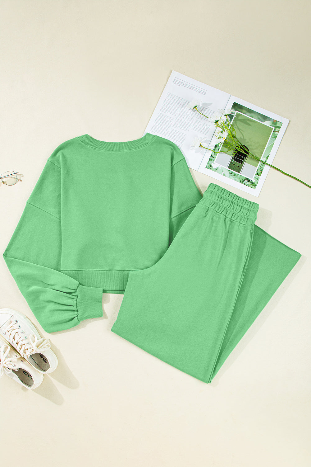 Bright Green Drop Shoulder Crop Pullover Drawstring Wide Leg Pants Set f8bb012c2b4e2f00