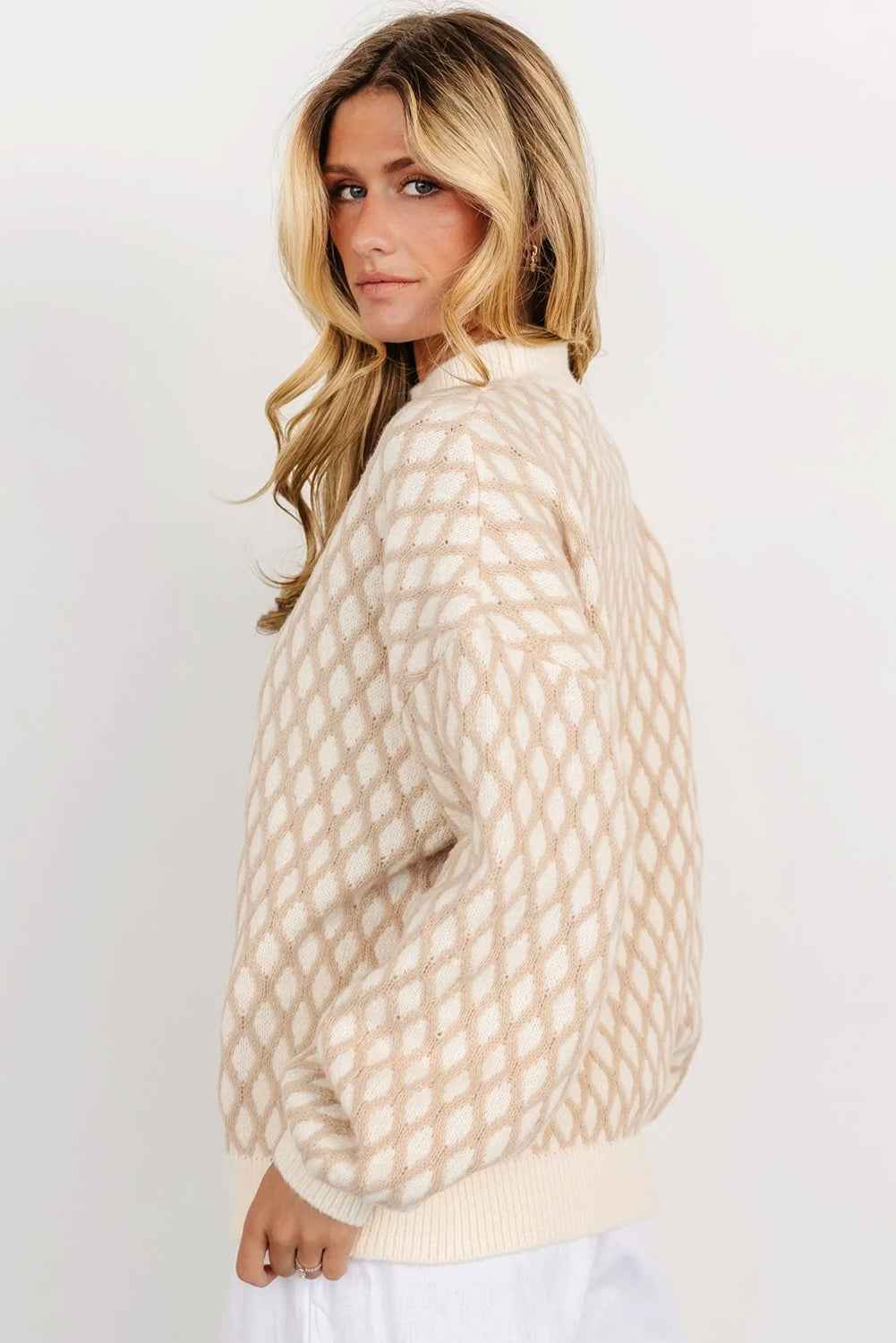 Oatmeal Rhombus Textured Knit Drop Sleeve Sweater f8d45c82b0be5036