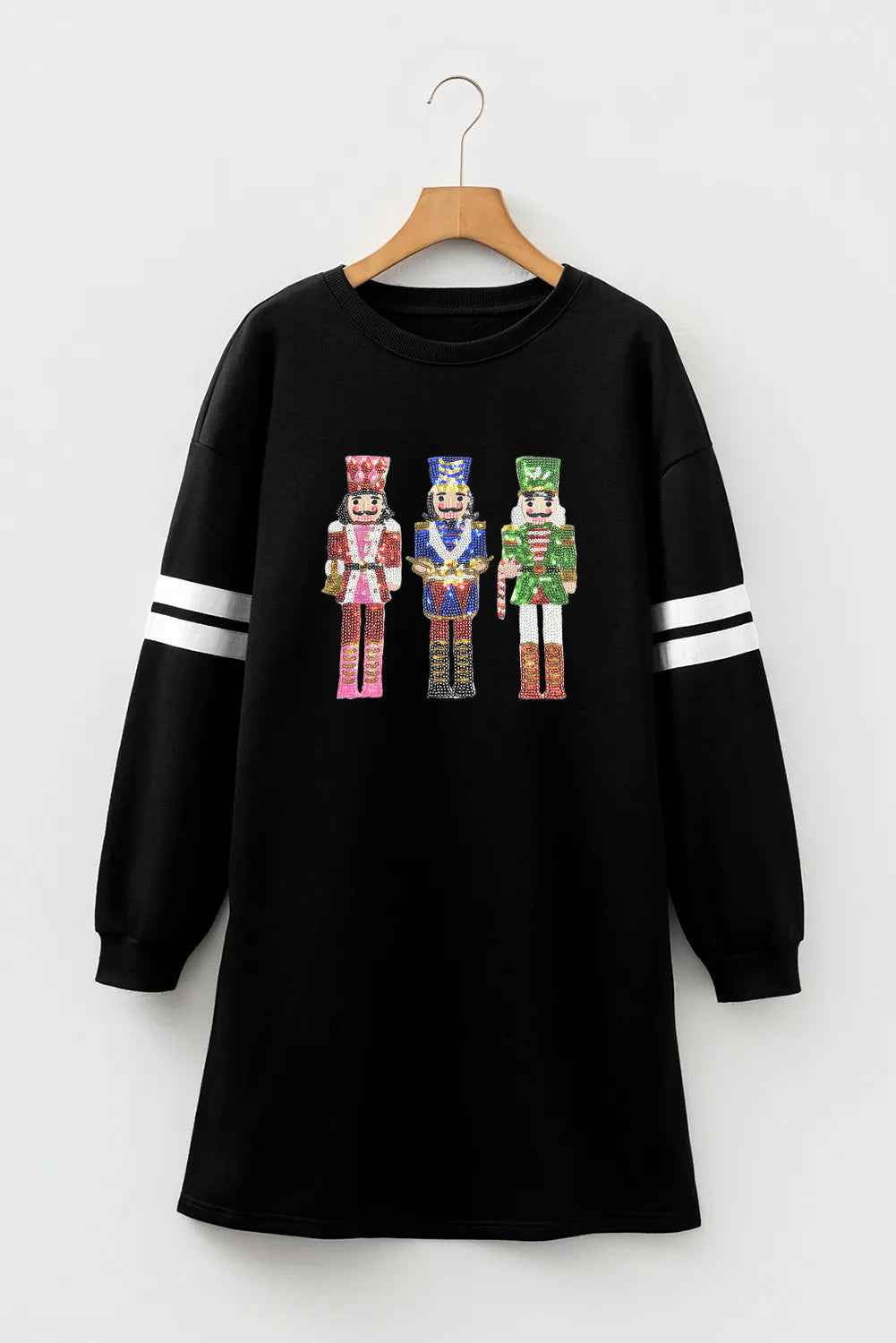 Black Christmas Nutcracker Sequins Patch Varsity Striped Sleeve Sweatshirt Dress f8d6fb56d57aa38e