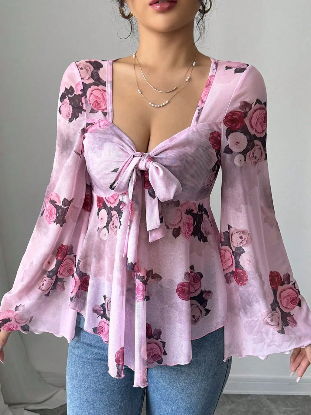 Floral Tie Front Flare Sleeve Blouse f914b1c6-12ca-42cf-8ee6-7b5ae6f15c39-Max-Origin