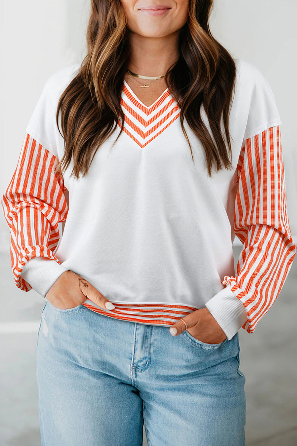 Orange Striped Patchwork Drop Sleeve Pullover Top Orange Stripe 65%Polyester+35%Cotton f9207219851942e3