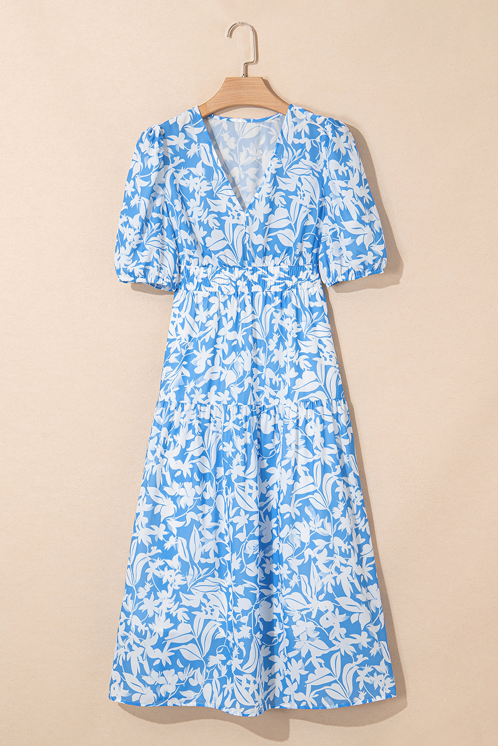 Sky Blue Floral Print Deep V Neck Puff Sleeve Flowy Dress f925b13cce7802f6