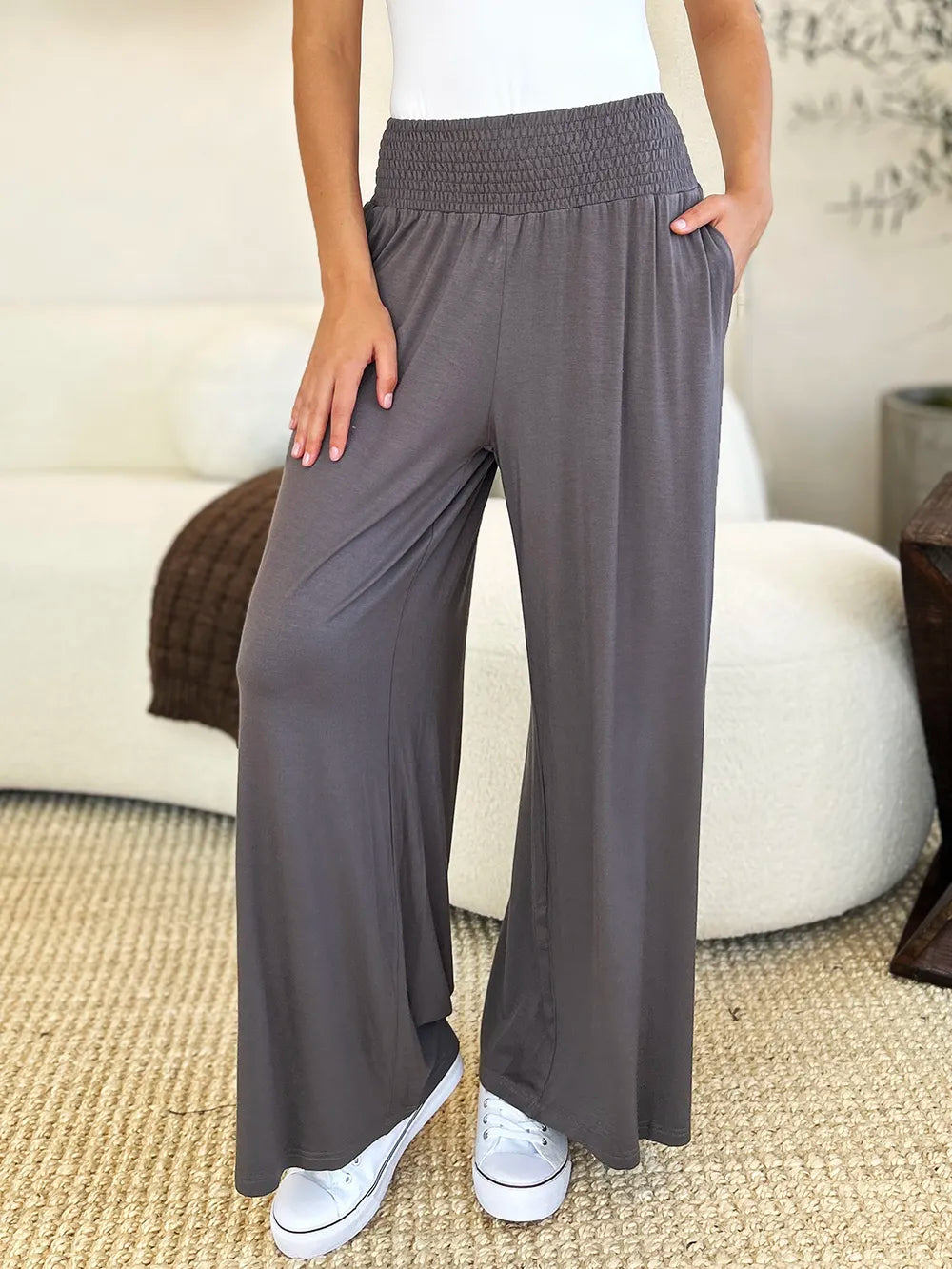 Basic Bae Full Size Smocked Wide Waistband Wide Leg Pants Dark Gray f92b2a5d-7b5c-4a78-8063-03c1a4e889eb-Max