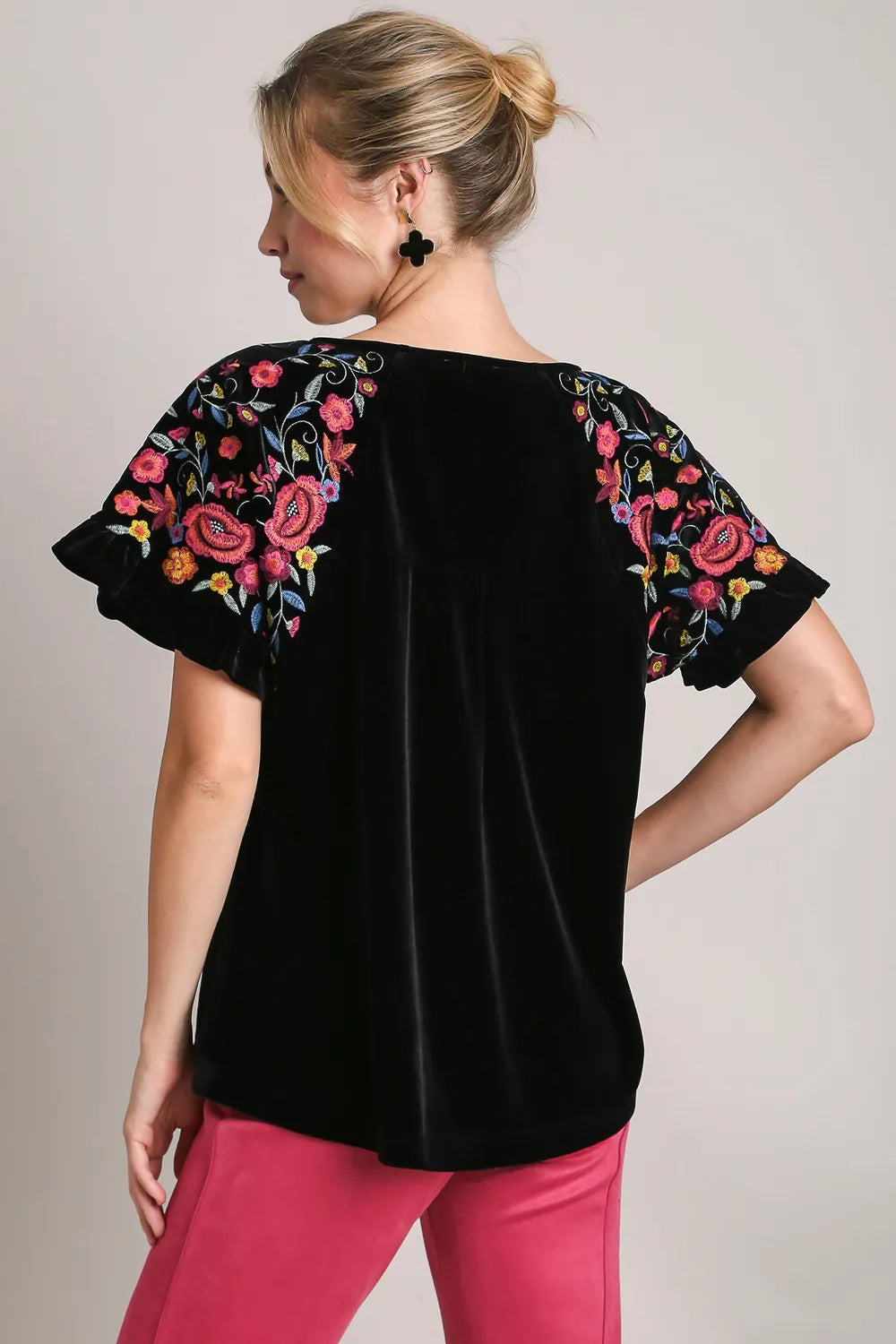 Umgee Full Size Velvet Embroidery Short Sleeve Blouse f9485d20-beae-435a-aad1-0038adcc1e77-Max
