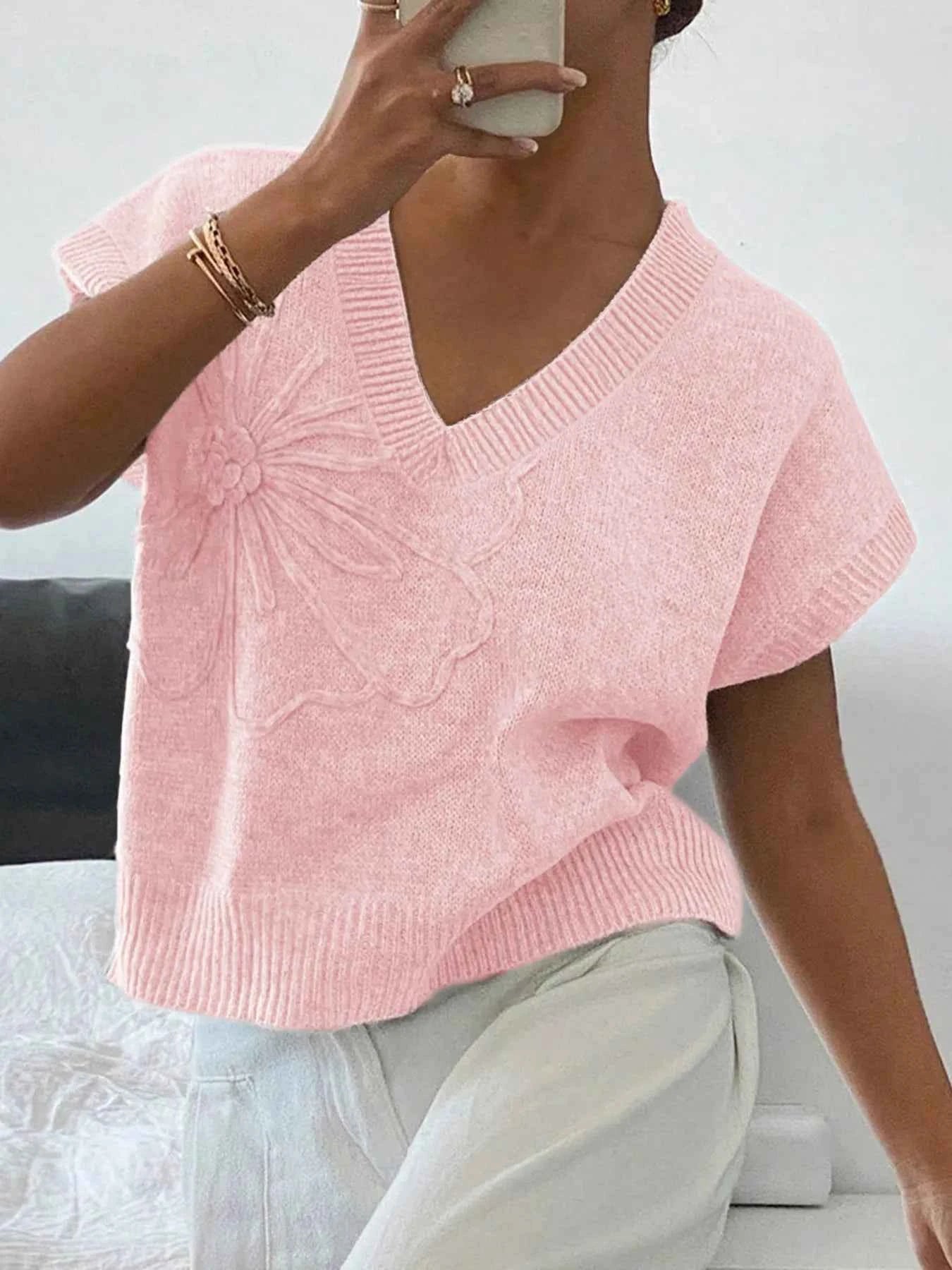 Ribbed Hem V-Neck Short Sleeve Sweater Light Pink f948bae62cba4081ad6eaaaed44abc71-Max-Origin