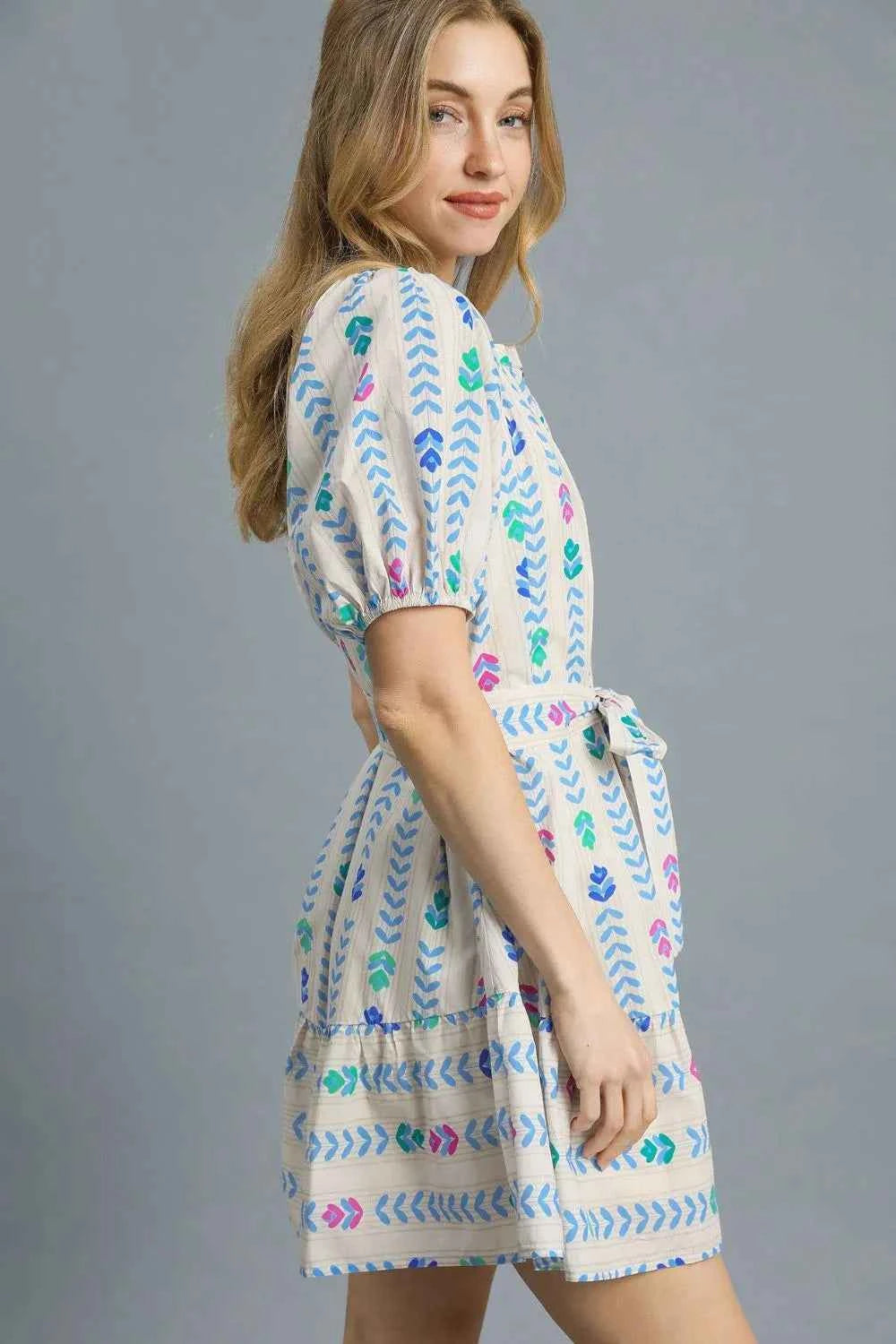 Umgee Printed Tie Waist Puff Short Sleeve Mini Dress f95374ac-86d0-4a31-a807-5600c6a715b4-Max-Origin