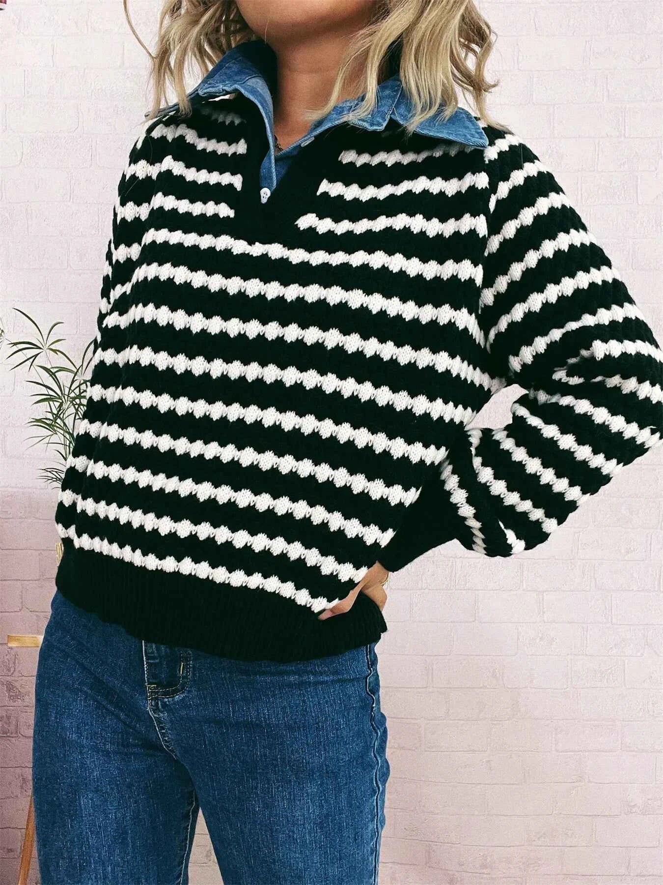 Contrast Striped Sweater with Denim Collar f953aed89c394a2aa1950ff0d9b679ca-Max-Origin