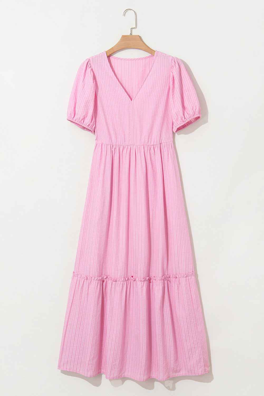 Pink Striped V Neck Puff Sleeve Frill Tiered Maxi Dress f9589555e4d950ed
