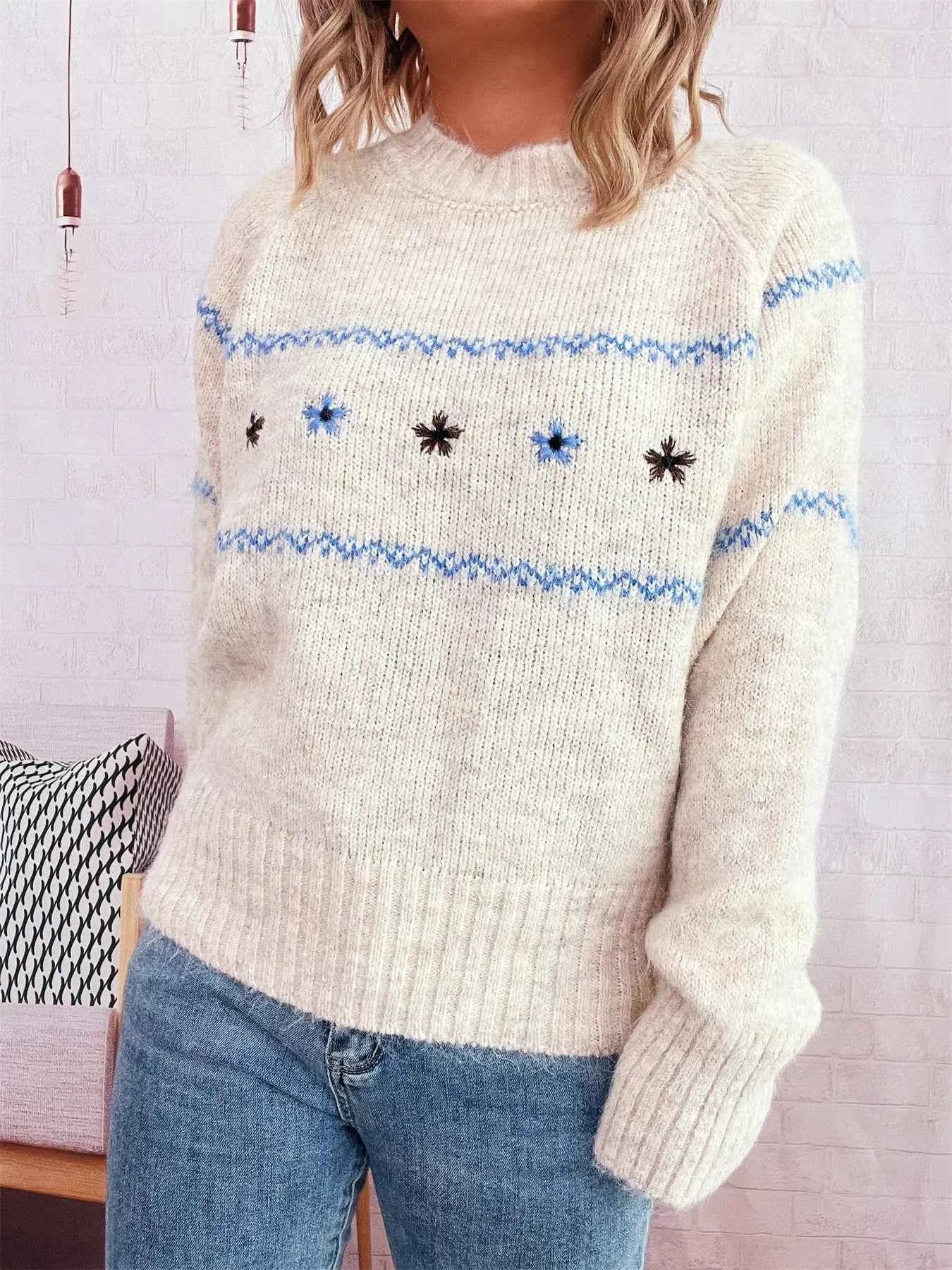 Ribbed Hem Flower Long Sleeve Sweater f97c2ab7ac9848fd94bd6735825da330-Max-Origin