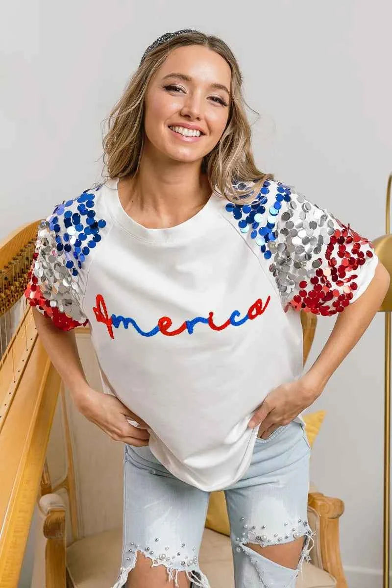 BiBi America Letter Applique Spangle Puff Sleeves Top f9819f7e524e4121b1ede4cdb3a04217-Max-Origin
