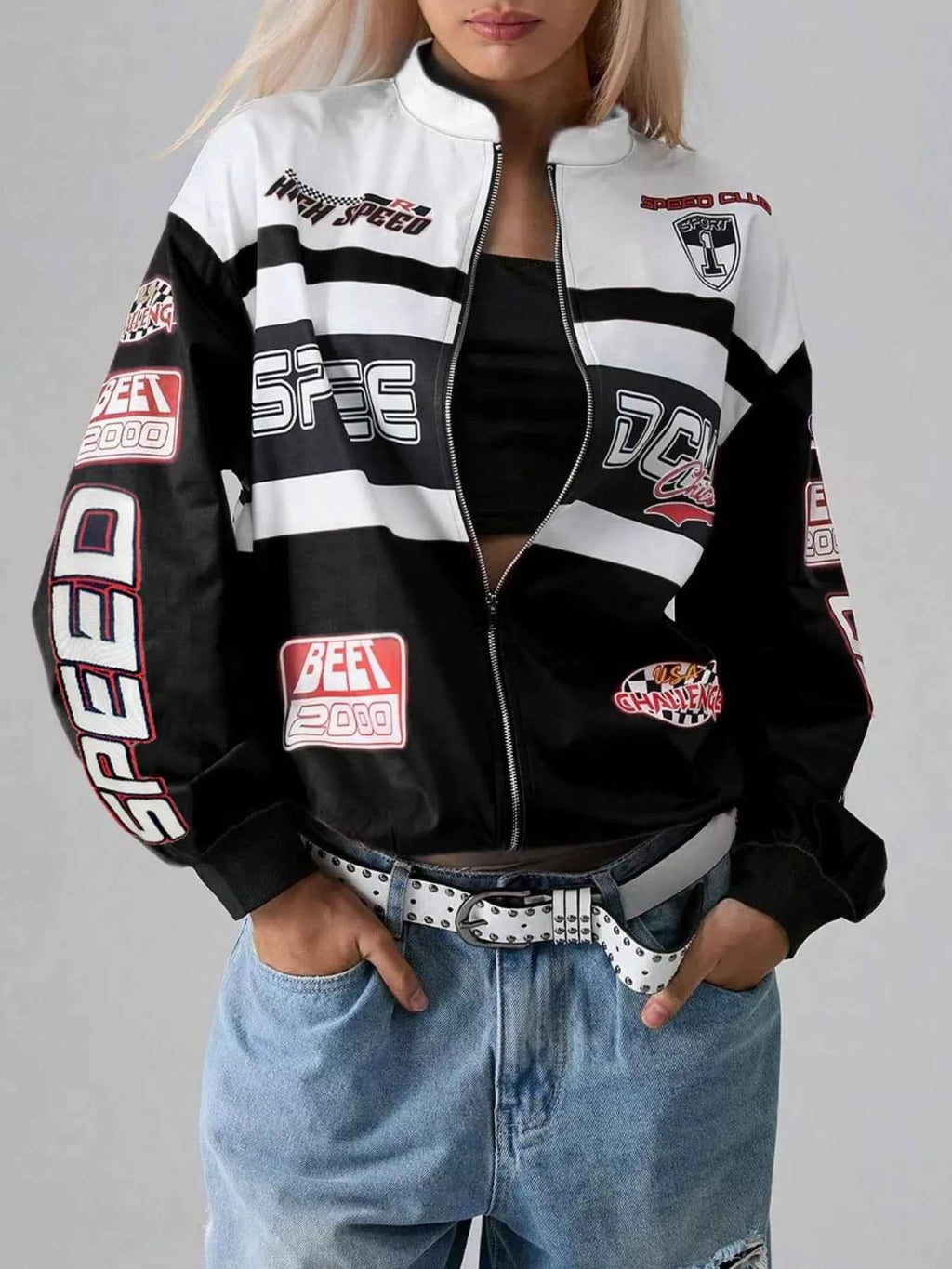 Letter Zip Up Dropped Shoulder Jacket Black f9844ca9-4733-49de-a1ec-a3e7c3c5fdf6-Max-Origin