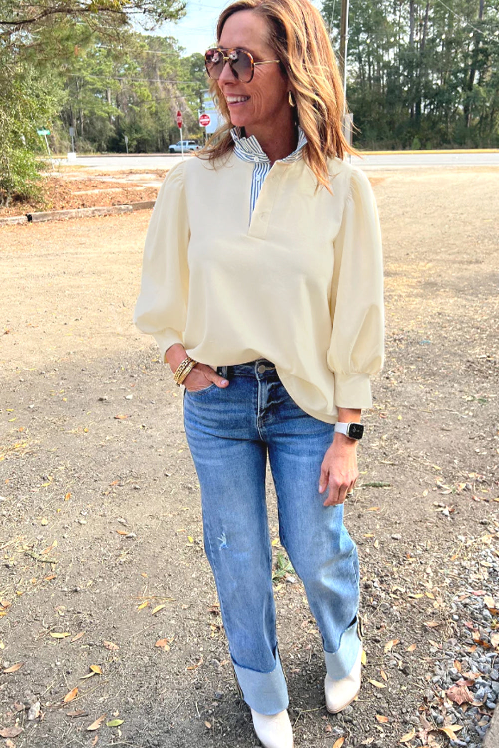 White Striped Ruffle Button Neck Pullover Sweatshirt f9b2ea9184964d65