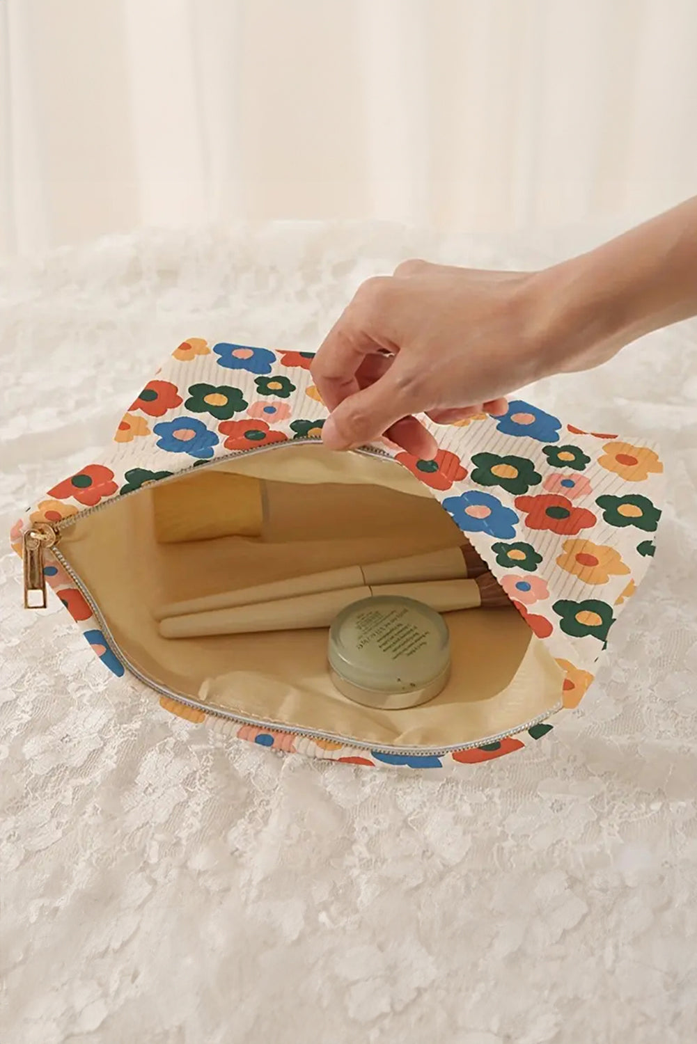 Red Colorful Flower Printed Rib Textured Cosmetic Bag f9bb2abba662855c