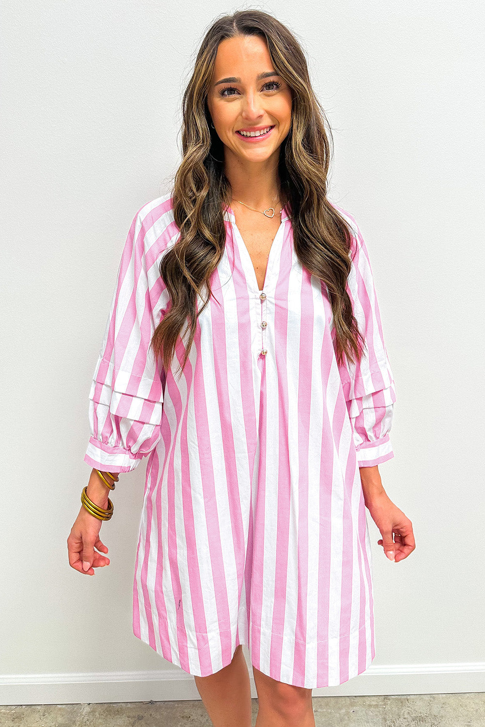 Rose Striped Long Sleeve Buttons Loose Mini Dress f9cfeea504952c14