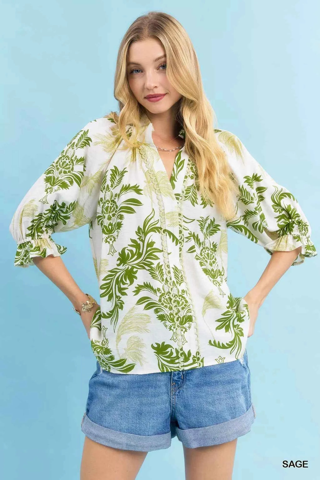 Umgee Leafy Damask Print Blouse with Contrast Scalloped Trim Detail SAGE f9df4b87-46cc-4391-8f8b-126fca272634-Max-Origin