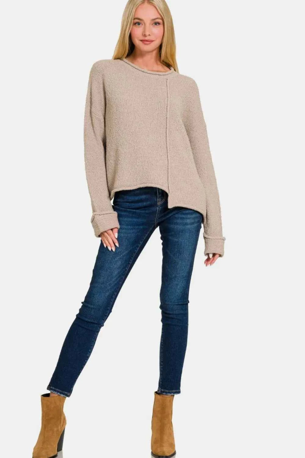 Zenana Asymmetric Hem Drop Shoulder Sweater f9e7623b-b2f7-4aa0-a0fe-a678397fd513-Max