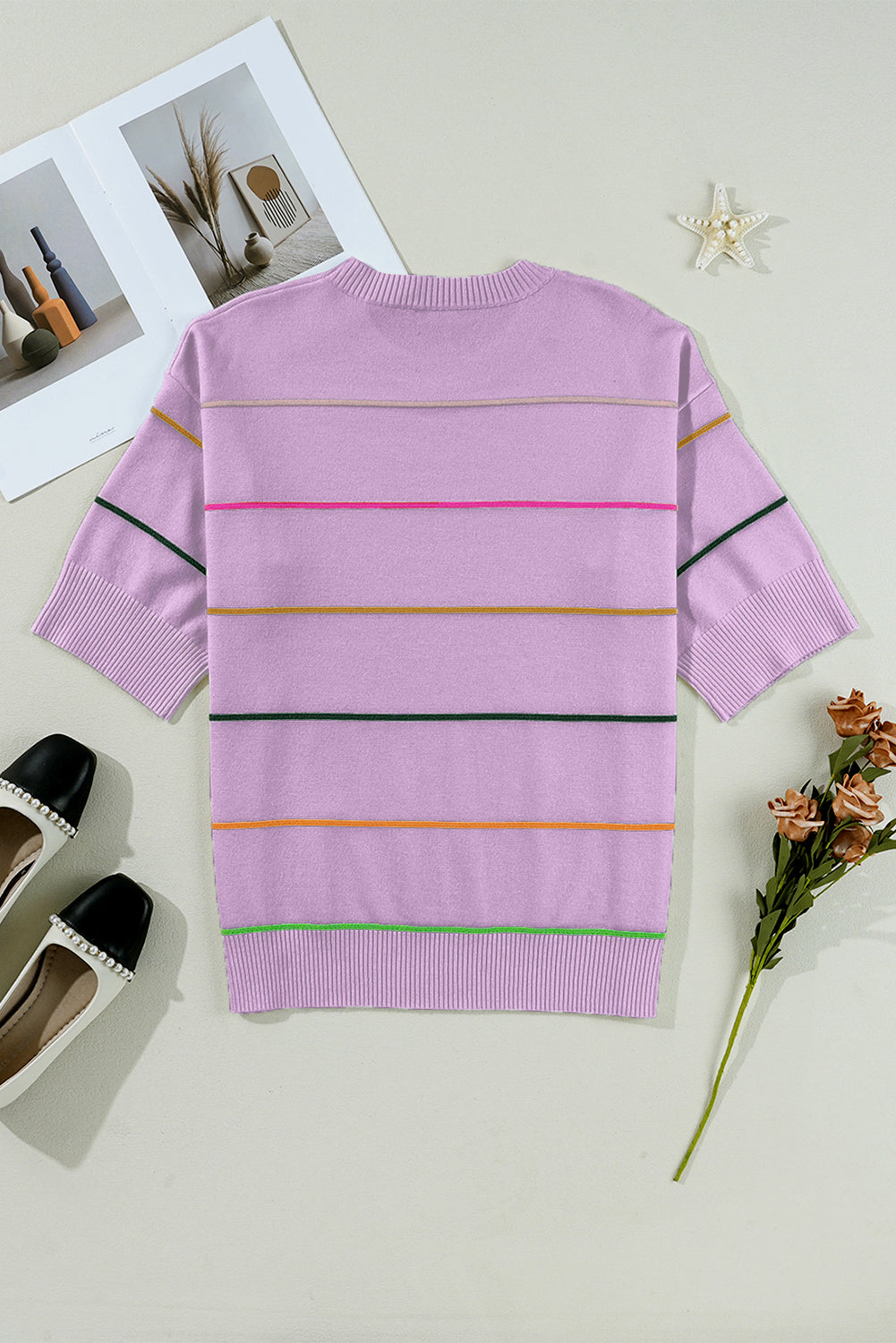 Orchid Petal Striped Half Sleeve Drop Shoulder Sweater f9ec0a07d81d0665