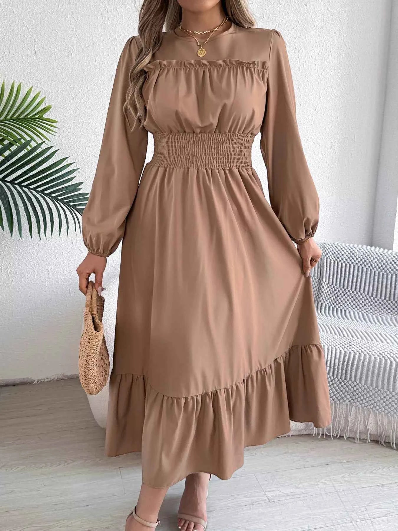 Round Neck Balloon Sleeve Tiered Dress Khaki f9fa16f763fe49c68cd5e48ac9017e63-Max-Origin