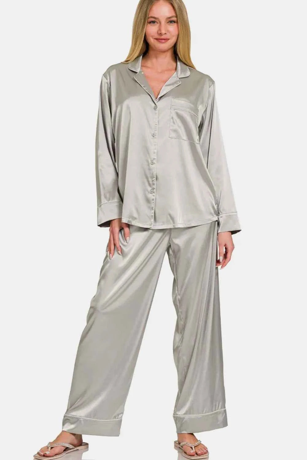 Zenana Satin Long Sleeve Shirt and Pants Pajama Set Silver f9fa8eab-c954-4ed0-bf63-9ce7f7f46856-Max