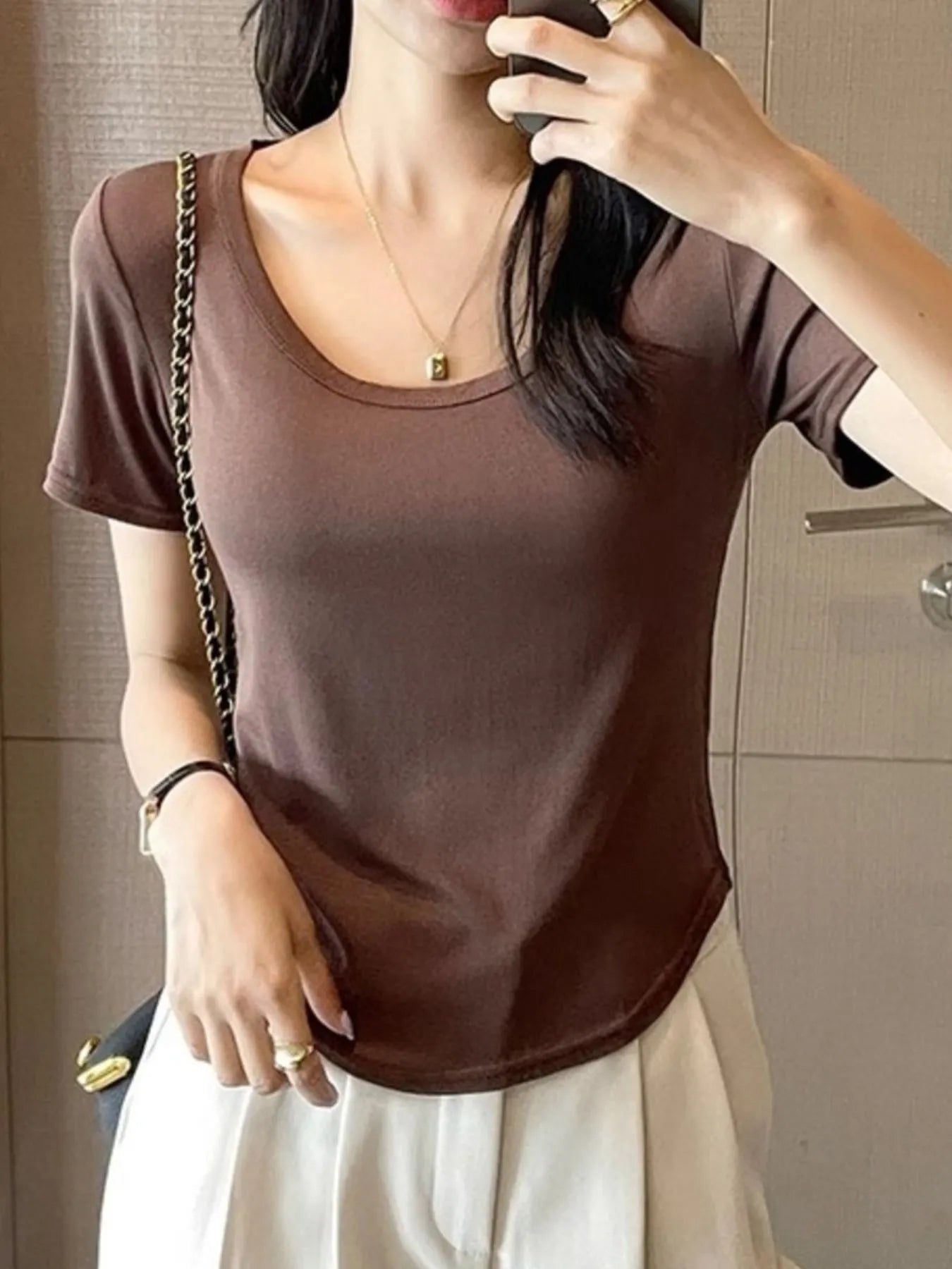 Plus Size Round Neck Short Sleeve T-Shirt Mocha f9fef8ee-7437-48a9-8117-a386e12a05a0-Max-Origin